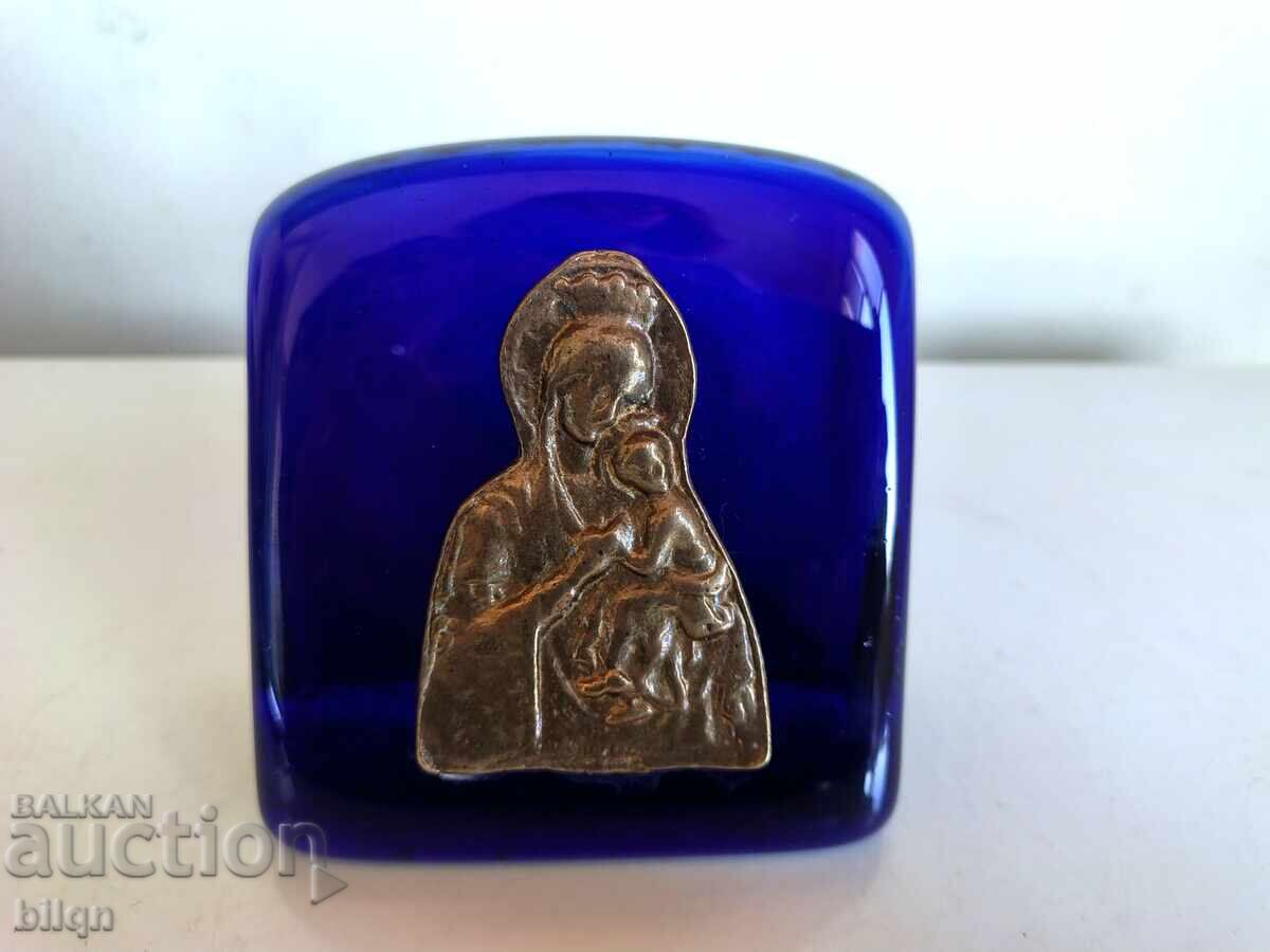 Icon Virgin Mary With Child On Cobalt Glass Icon Virgin Mary With Child On Cobalt Glass