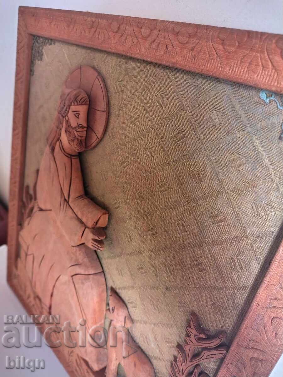 Minunată icoană veche sculptată în lemn Iisus Hristos Bunul Păstor - 6 Minunată icoană veche sculptată în lemn Iisus Hristos Bunul Păstor - 6