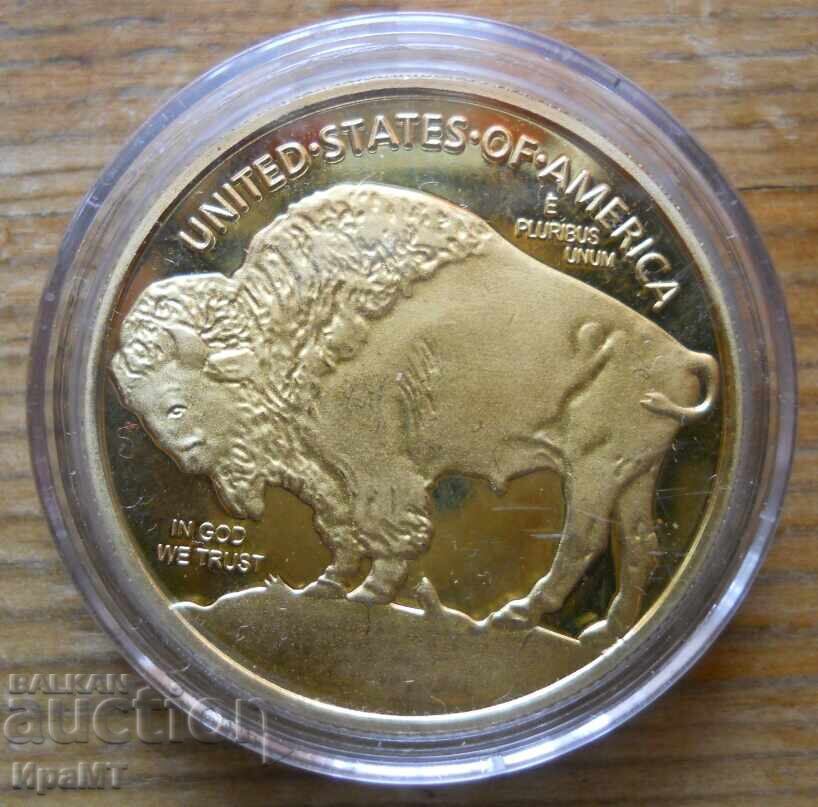 Placă placată cu aur - medalion cu design de bison american