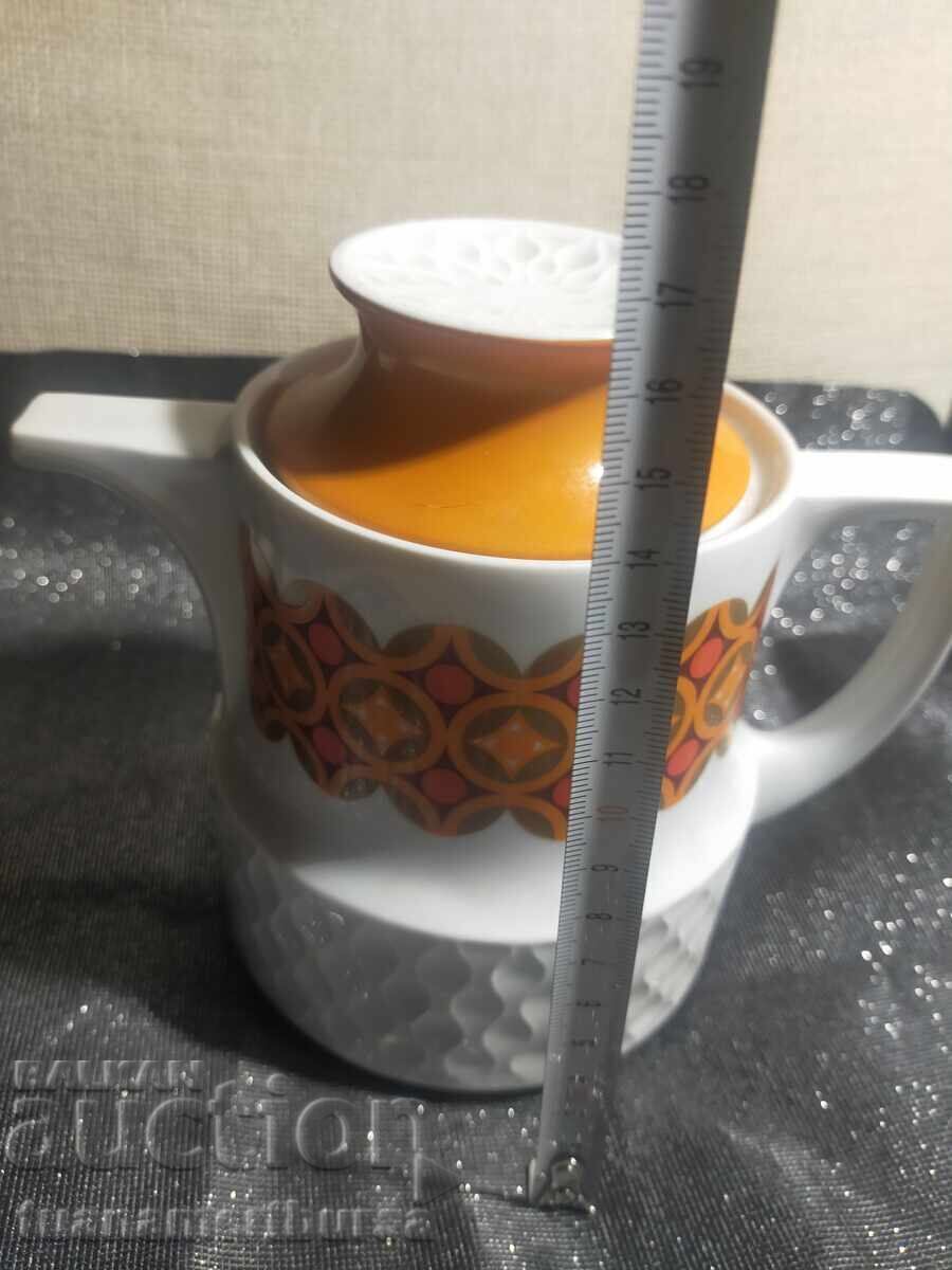 керамична кана с оранжеви и бели шарки - 6