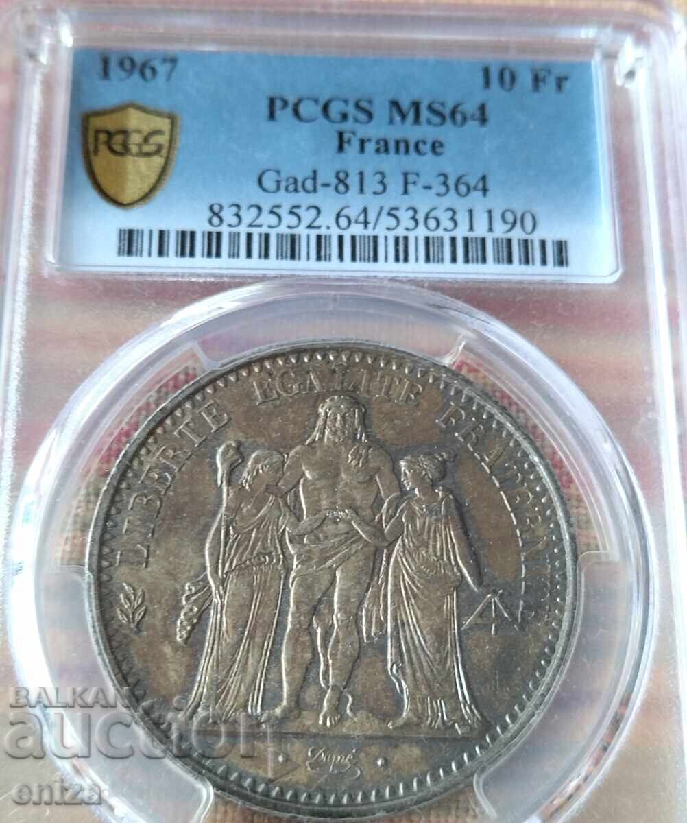 Licitație 10 Franci Franța 1967, argint PCGS MS 64