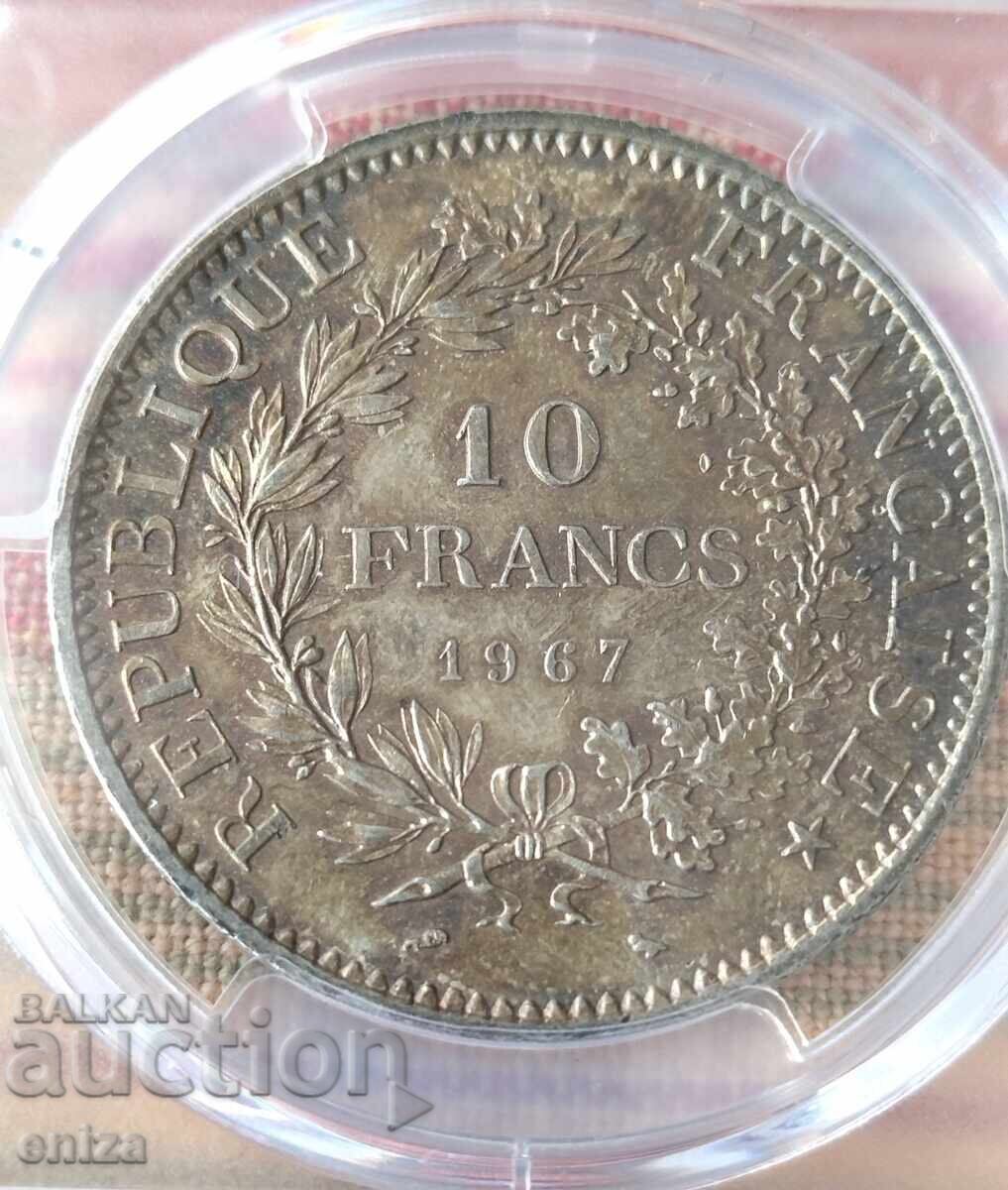 10 Franci Franța 1967, argint PCGS MS 64