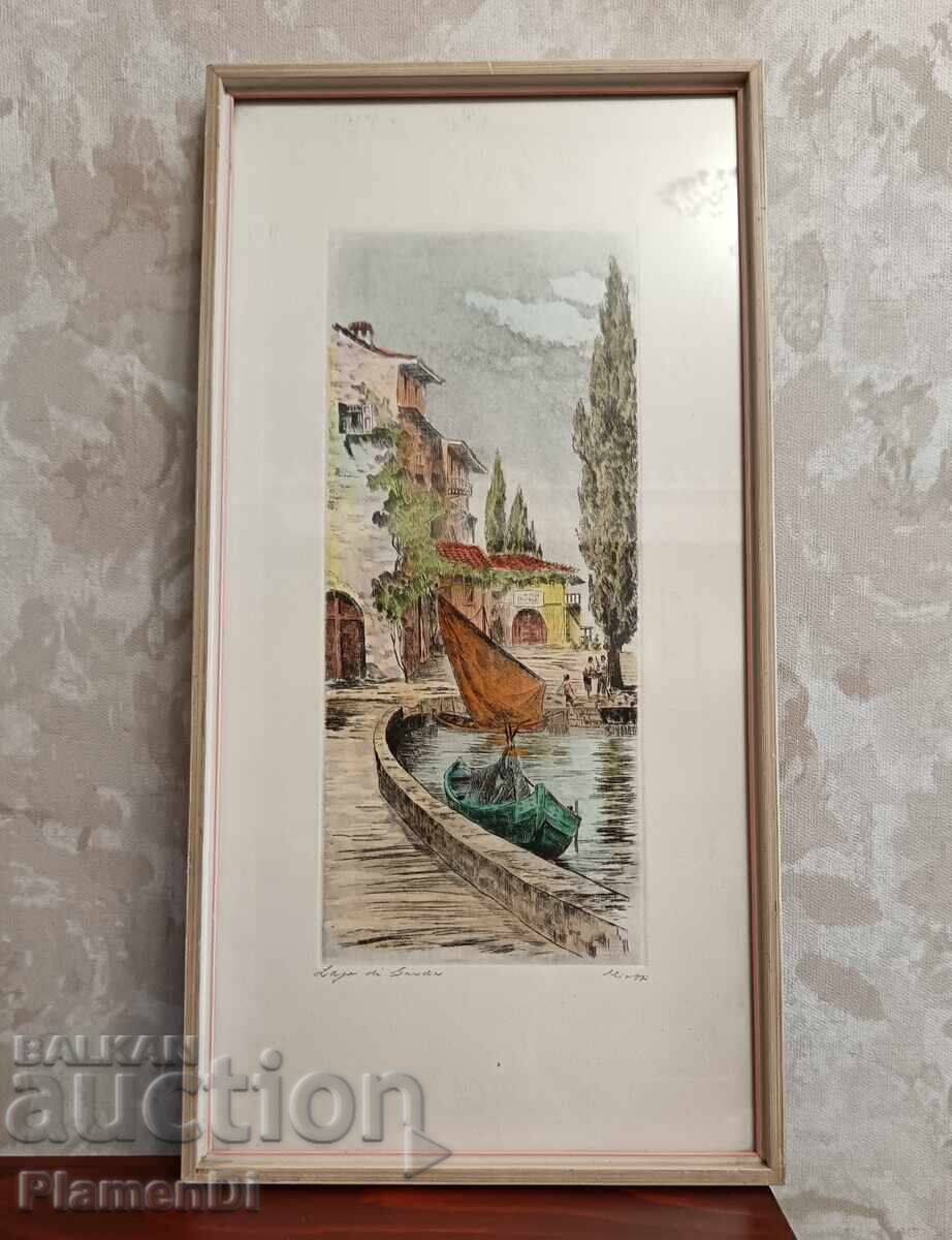 Original color authentic etching, print "Lago Di Sacha"