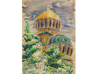 Old watercolor landscape painting with a church