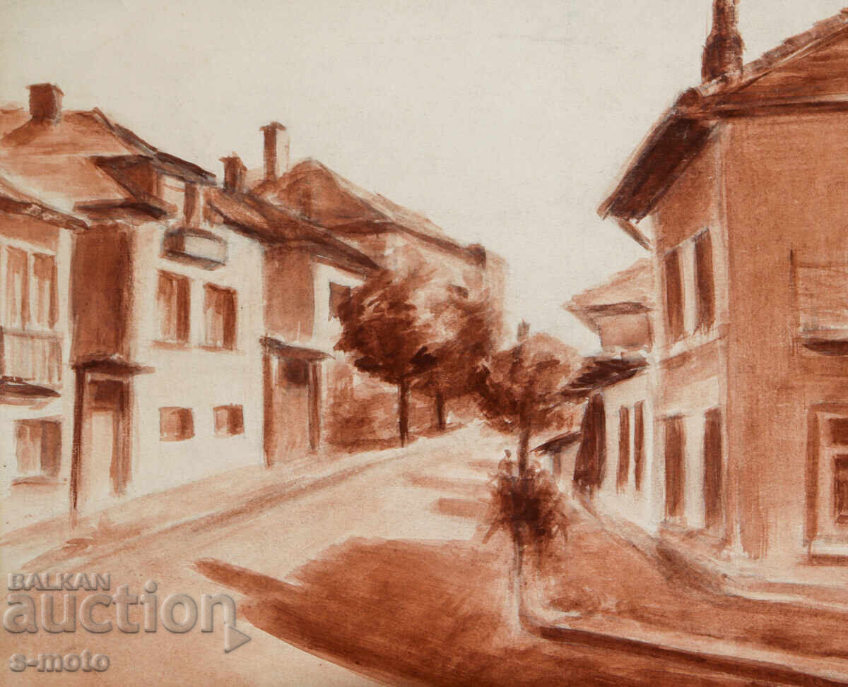 Доставка на Стара картина акварел градски пейзаж Доставка на Стара картина акварел градски пейзаж