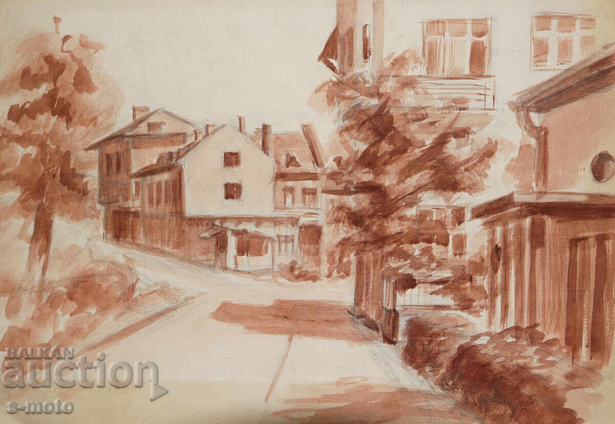 Παλιά αστικό τοπίο ζωγραφικής με ακουαρέλα Παλιά αστικό τοπίο ζωγραφικής με ακουαρέλα