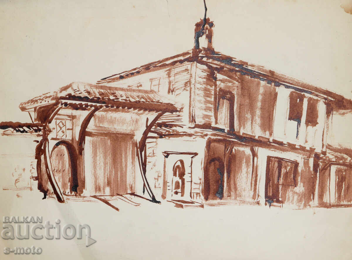 Tablou vechi acuarelă peisaj casă la țară Tablou vechi acuarelă peisaj casă la țară