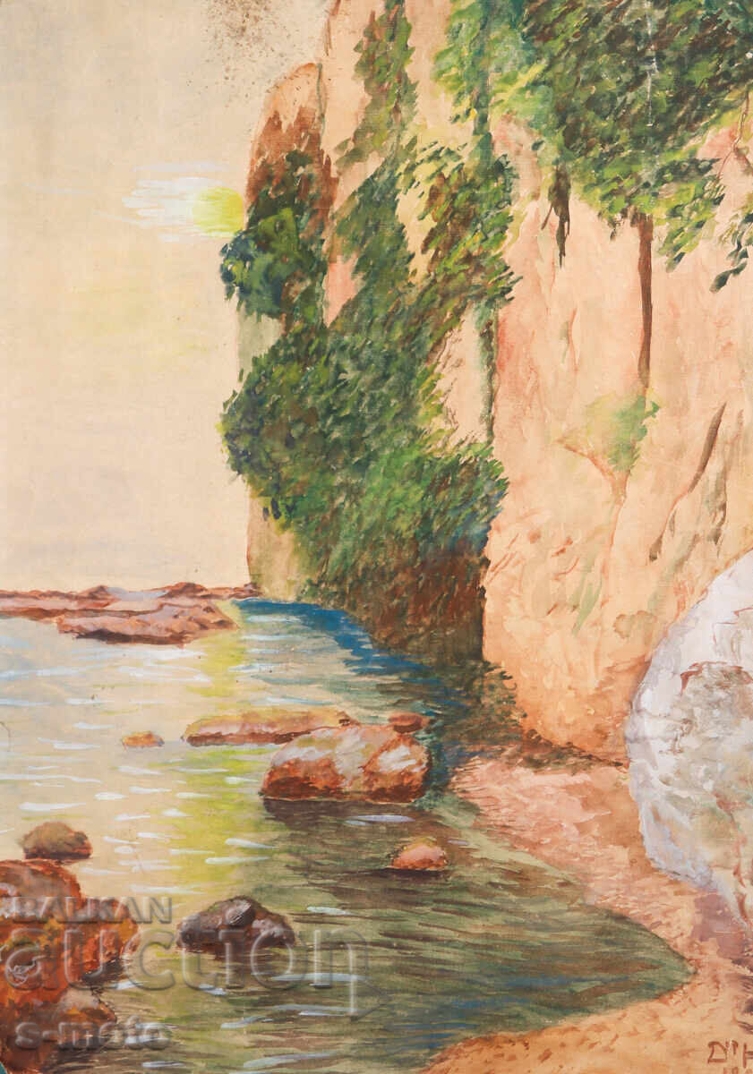 Tablou vechi acuarelă peisaj marin 1967 Tablou vechi acuarelă peisaj marin 1967