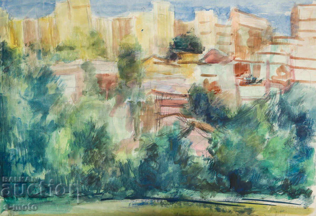 Peisaj urban vechi cu acuarelă