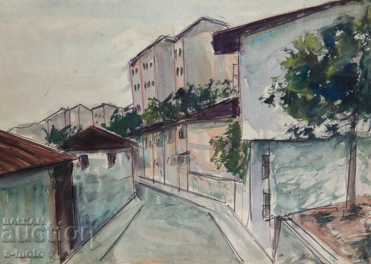 Licitație Peisaj urban vechi cu acuarelă Licitație Peisaj urban vechi cu acuarelă