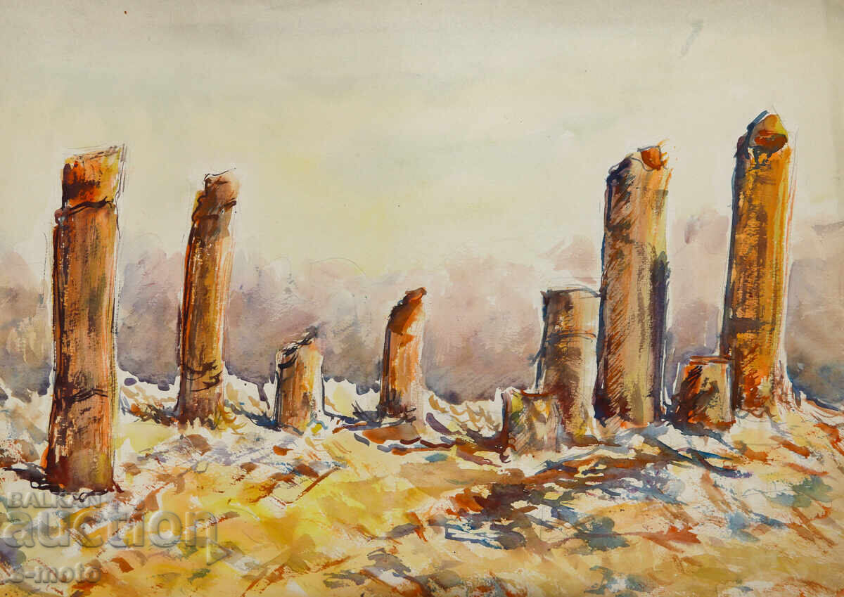 Pictură veche acuarelă peisaj