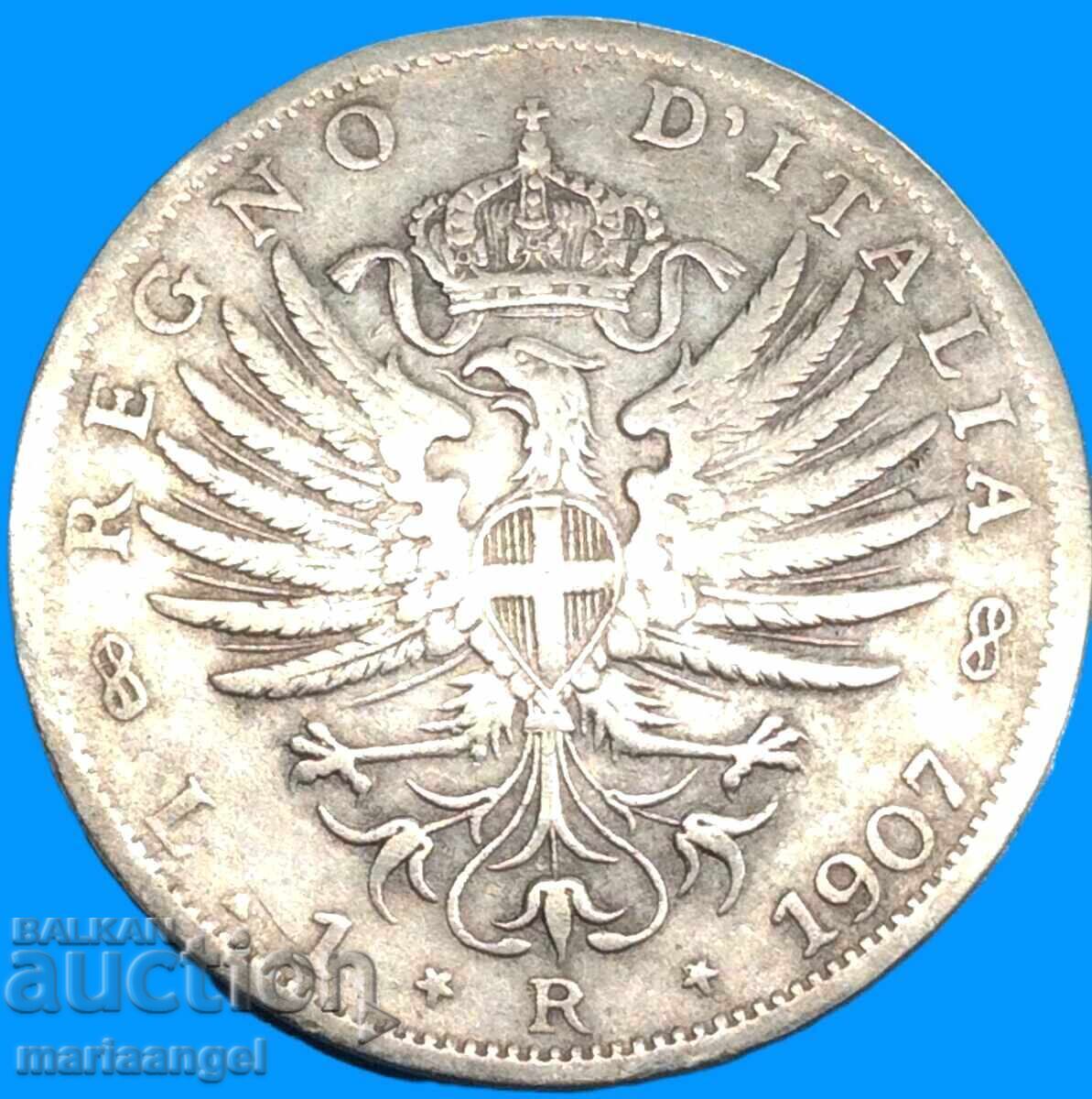 Licitație 1 lira 1907 Italia Victor Emmanuel argint - destul de rar Licitație 1 lira 1907 Italia Victor Emmanuel argint - destul de rar