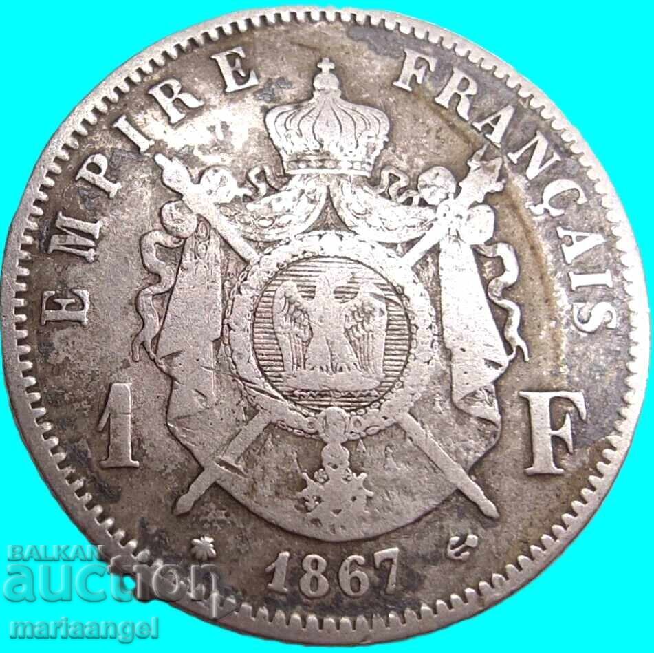 Livrarea 1 Franc 1867 Franța Napoleon al III-lea argint Patină Livrarea 1 Franc 1867 Franța Napoleon al III-lea argint Patină