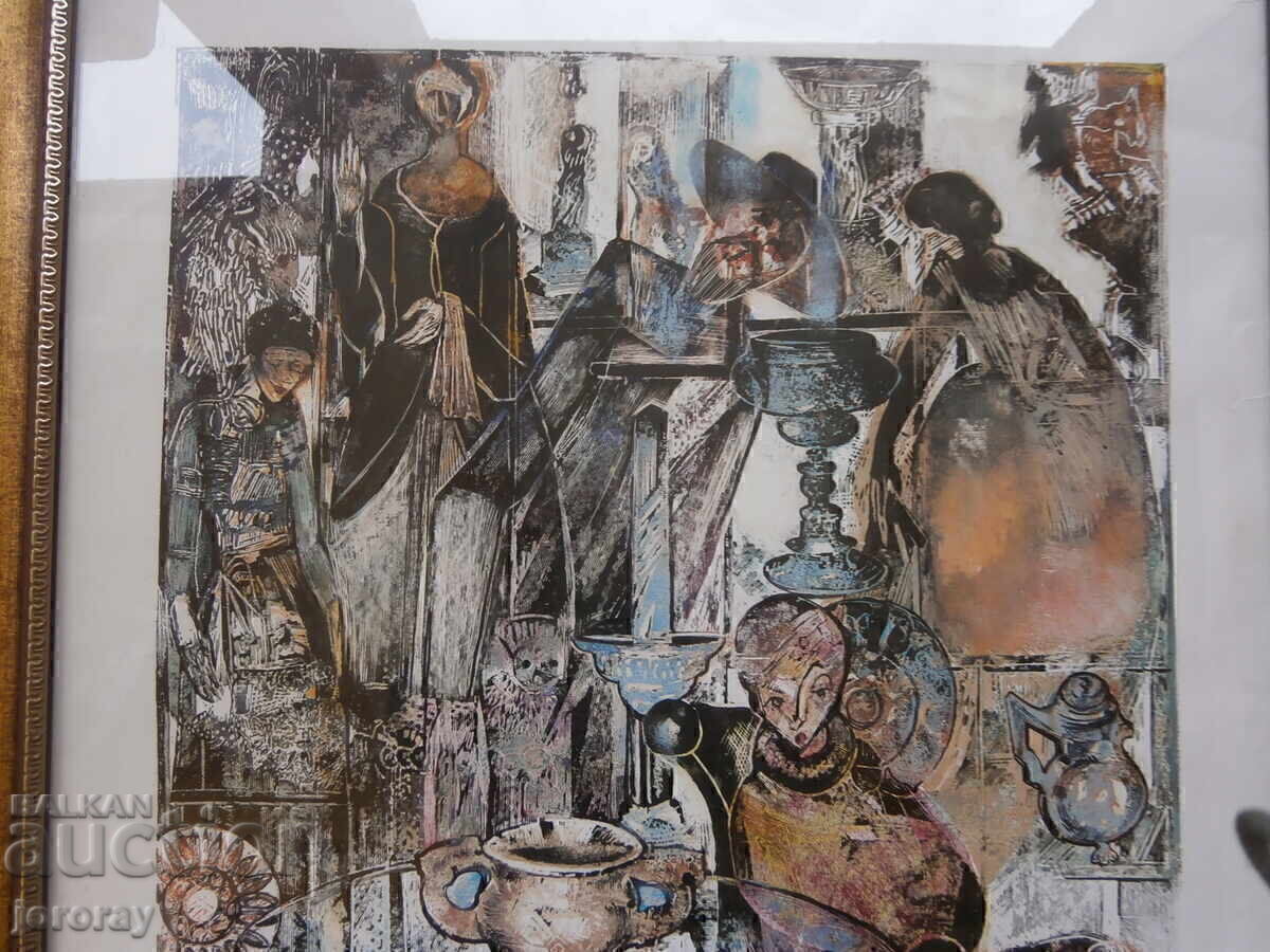 Livrarea Gravură colorată pe lemn "Magazin de antichități" 62x82cm Livrarea Gravură colorată pe lemn "Magazin de antichități" 62x82cm