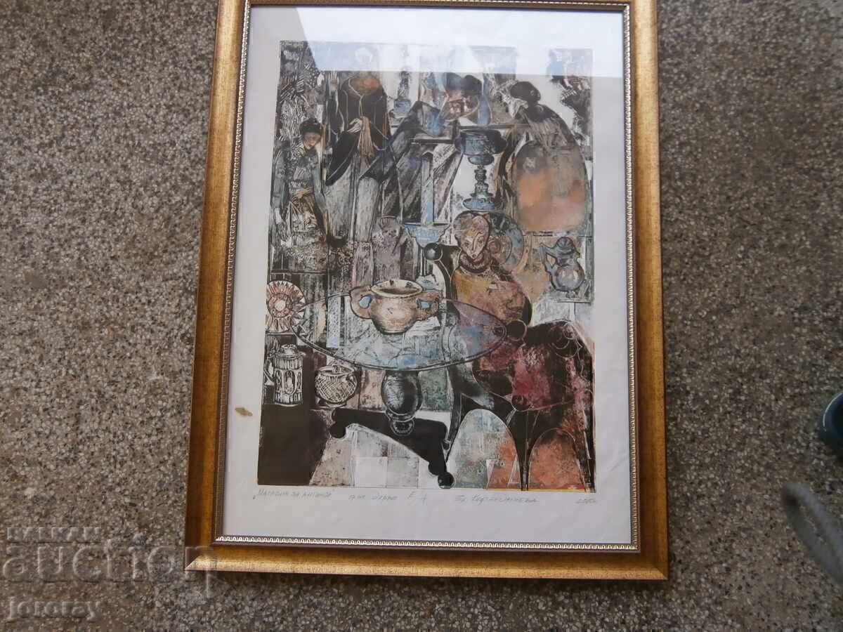 Gravură colorată pe lemn "Magazin de antichități" 62x82cm Gravură colorată pe lemn "Magazin de antichități" 62x82cm