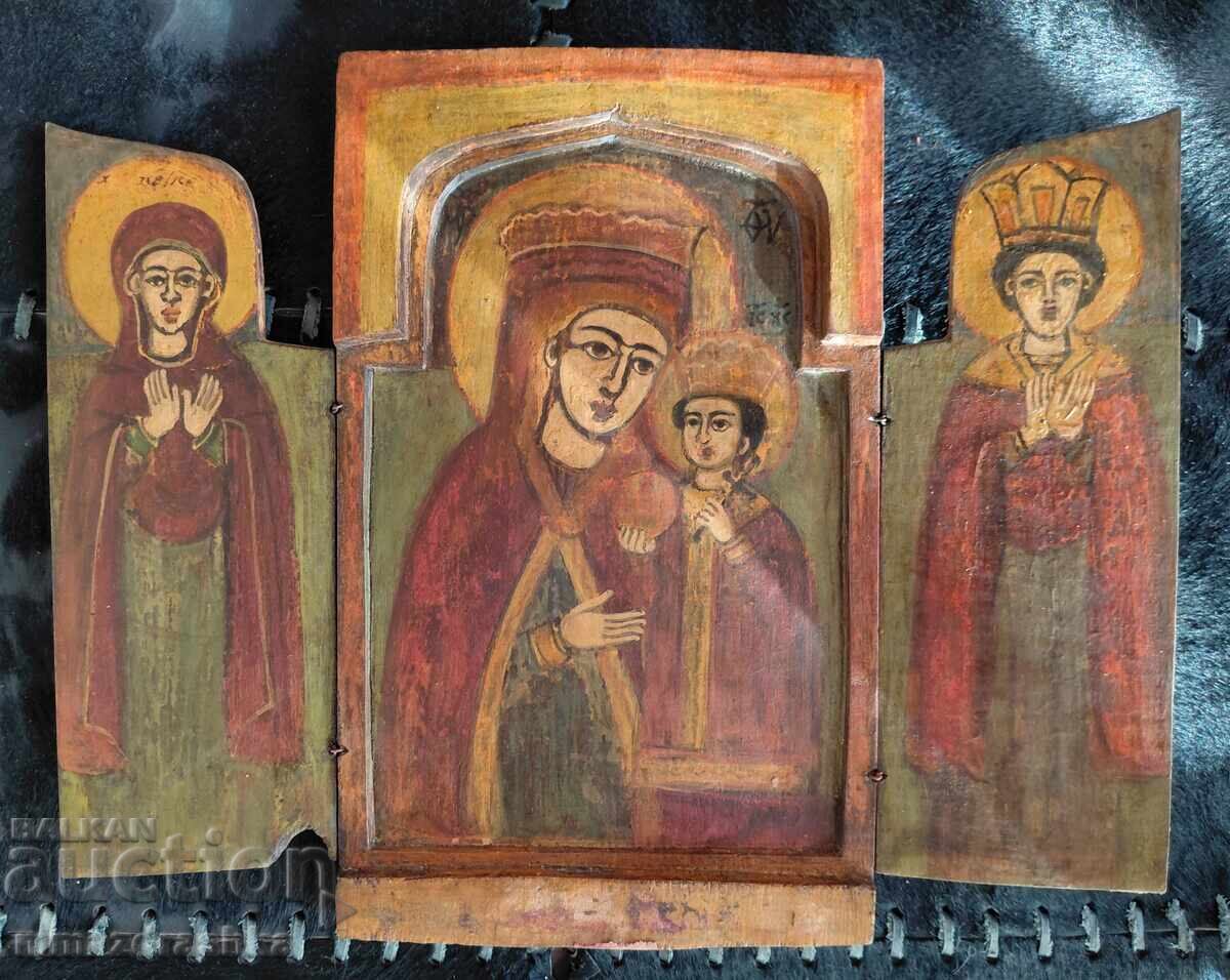 Veche icoană de casă pictată triptic școală de Tărnovo secolul al XIX-lea Veche icoană de casă pictată triptic școală de Tărnovo secolul al XIX-lea