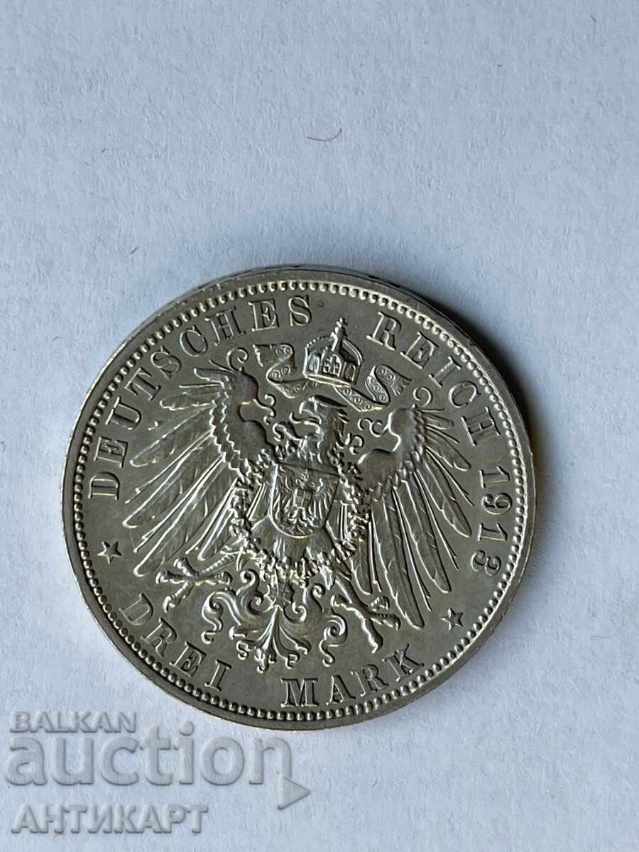 рядка сребърна монета 3 марки 1913 Германия  Саксония с цена € 59.00 | 115.39 лв.
