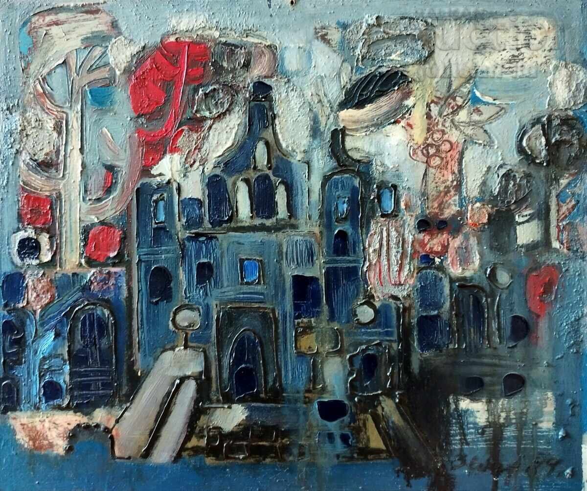 Tablou "Casă albastră-Mexic", pictor Velimir Petrov, 1981