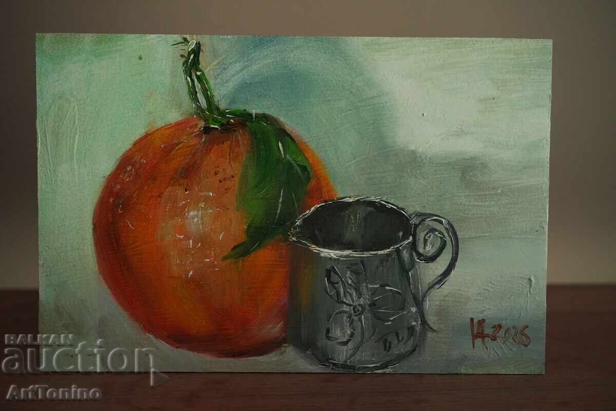 Pictură în ulei - Natură moartă - Portocală și ceașcă - Anton Yordanov