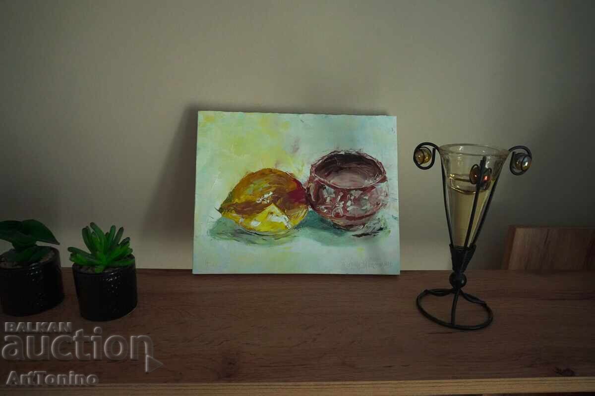 Licitație Pictură în ulei - Natură moartă - Lămâie - Matcha japonez - A. Yordanov