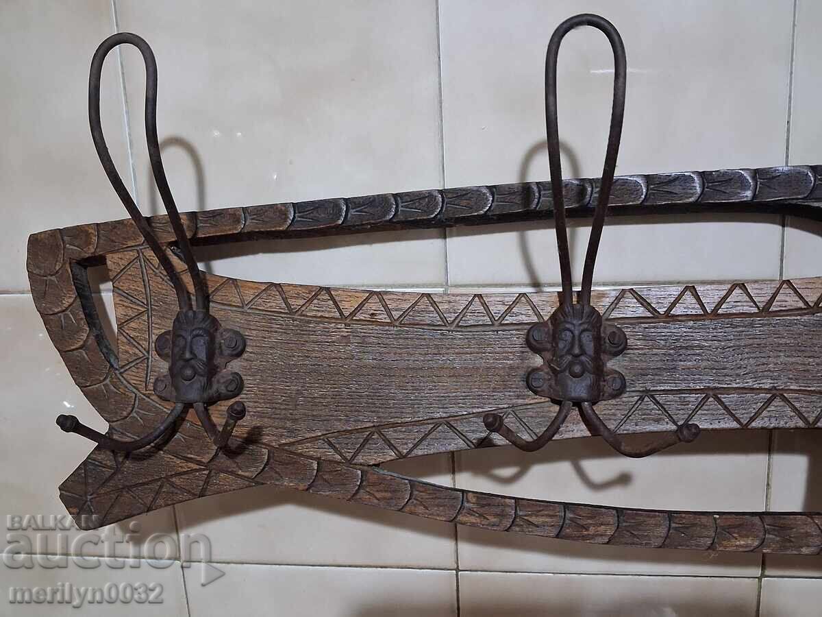 Παλιά κρεμάστρα πρωτόγονη ξύλο σφυρήλατο σίδερο - 6