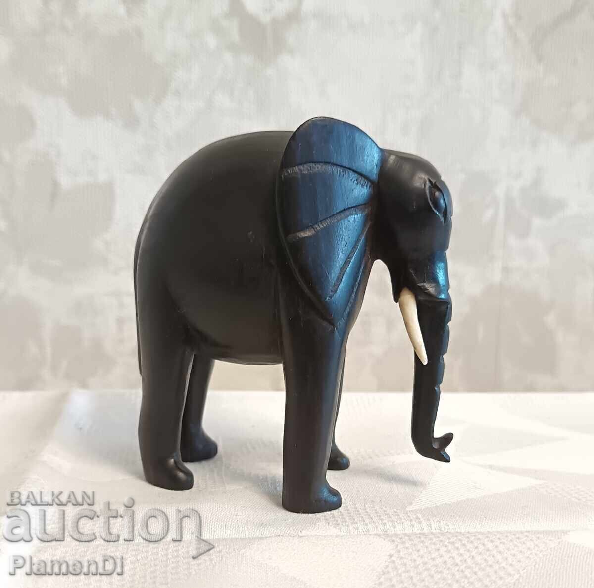 Hand-carved ebony and bone elephant - vintage figurine
