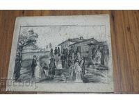 Desen vechi de maestru, peisaj rural cu case