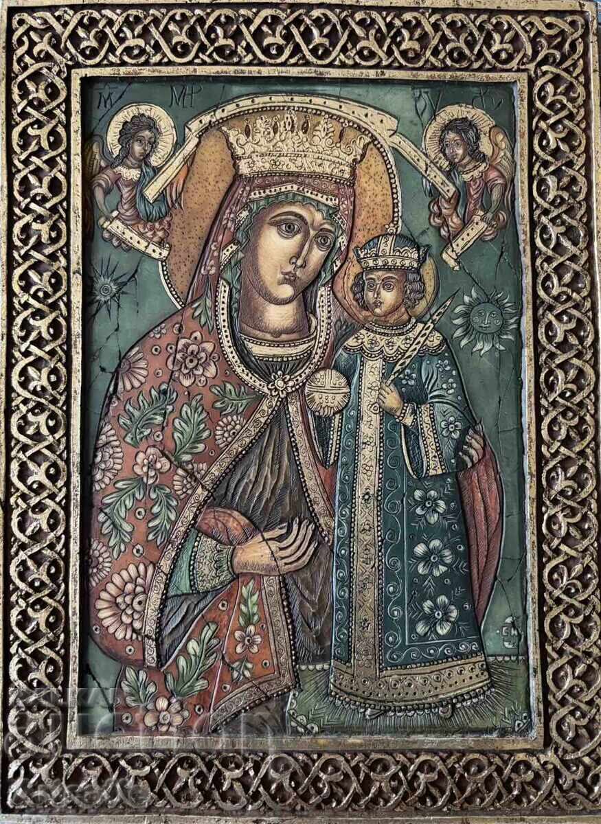 Δημοπρασία Σταύρος Καλίνος - Εικόνα Παναγίας ξυλόγλυπτη υπογεγραμμένη