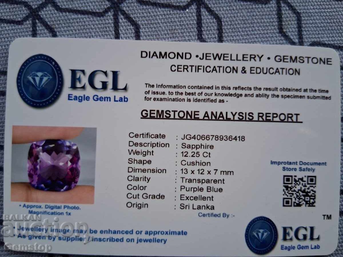 FĂRĂ PREȚ DE REZERVĂ! 12.25 ct. safir natural tăietură cushion, certificat EGL, de la 1 RON! - 6