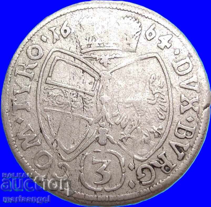 Livrarea Austria 3 Kreuzer 1664 Ferdinand Karl Tirol argint