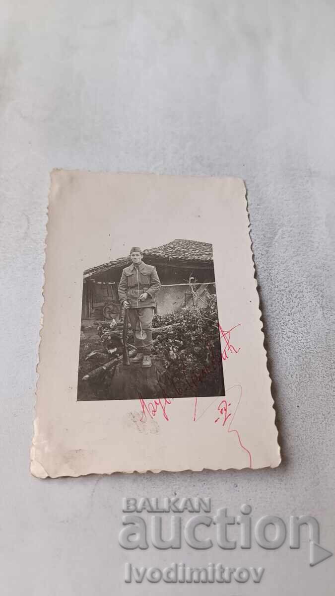 Photo Pirot Soldier in the courtyard of a house 1944