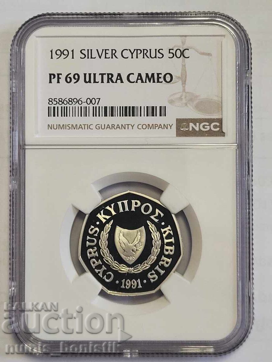 50 Cents 1991 Cyprus PF 69 ULTRA CAMEO Silver