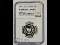 50 Cents 1991 Cyprus PF 69 ULTRA CAMEO Silver