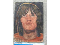 Mick Jagger tânăr, acuarelă cu autograf și dedicație