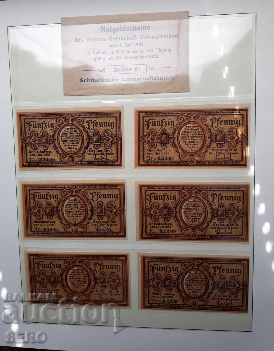 Banknote-Germany-Thuringia-Schmalkalden-lot 6x50 pf 1921 with price € 7.01 | 13.71 BGN