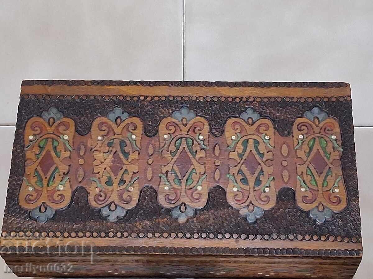 Old pyrography wooden box, woodwork, 1940s - 6