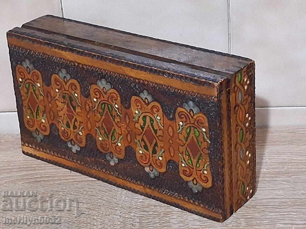 Old pyrography wooden box, woodwork, 1940s