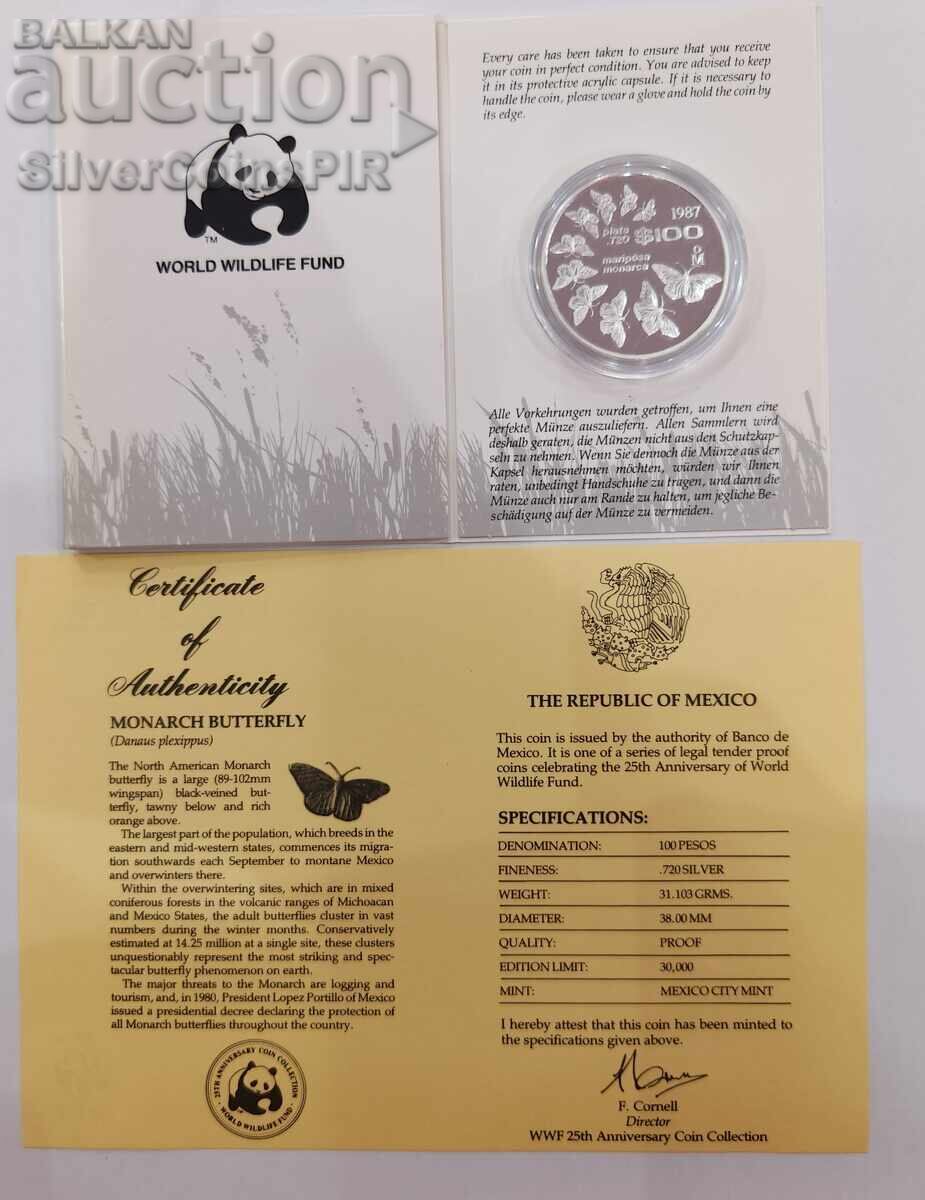 Silver 100 Pesos Butterflies 1987 Mexico Endangered Animals - 5
