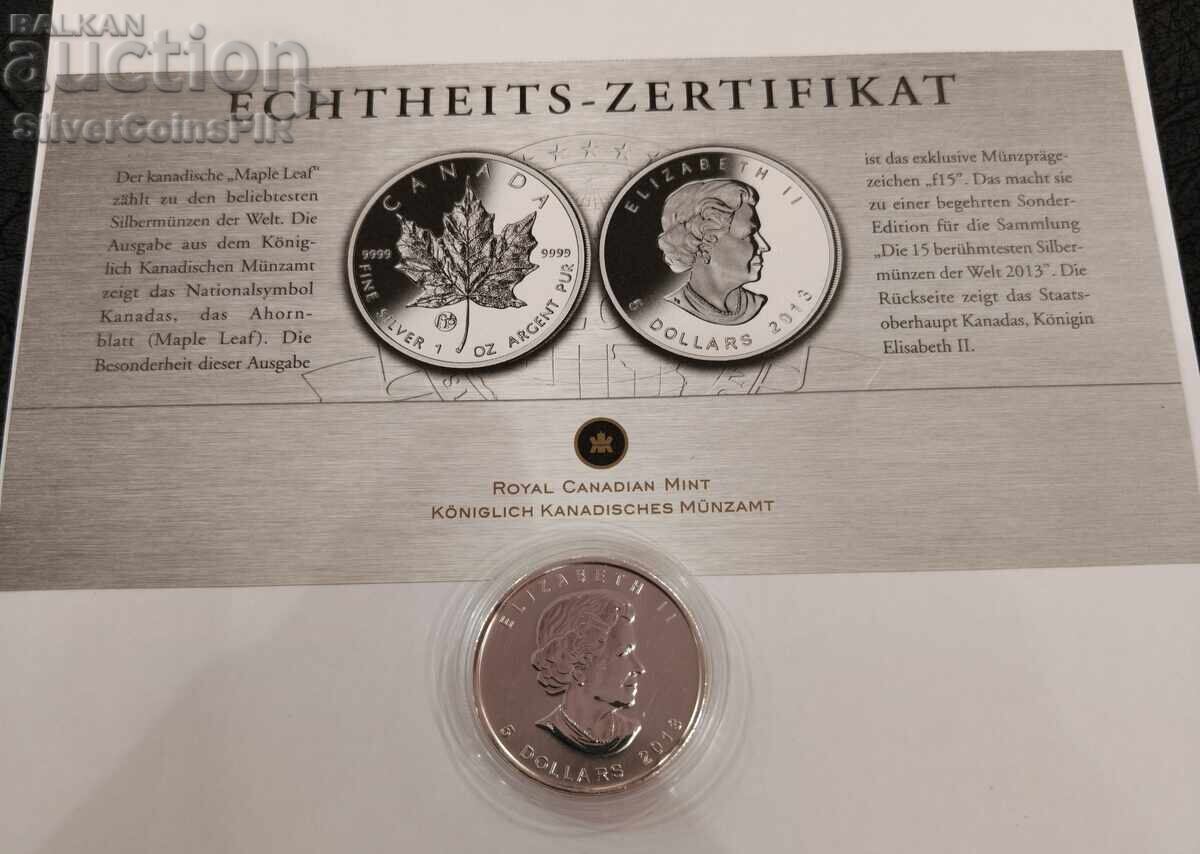 Auction  Silver 1 oz F15 Maple Leaf 2013 5 Dollars Canada