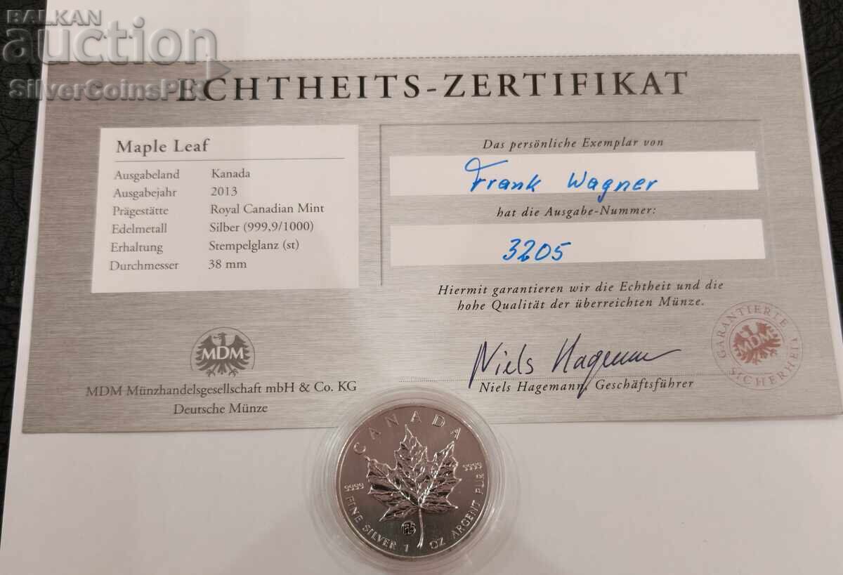 Delivery of Silver 1 oz F15 Maple Leaf 2013 5 Dollars Canada