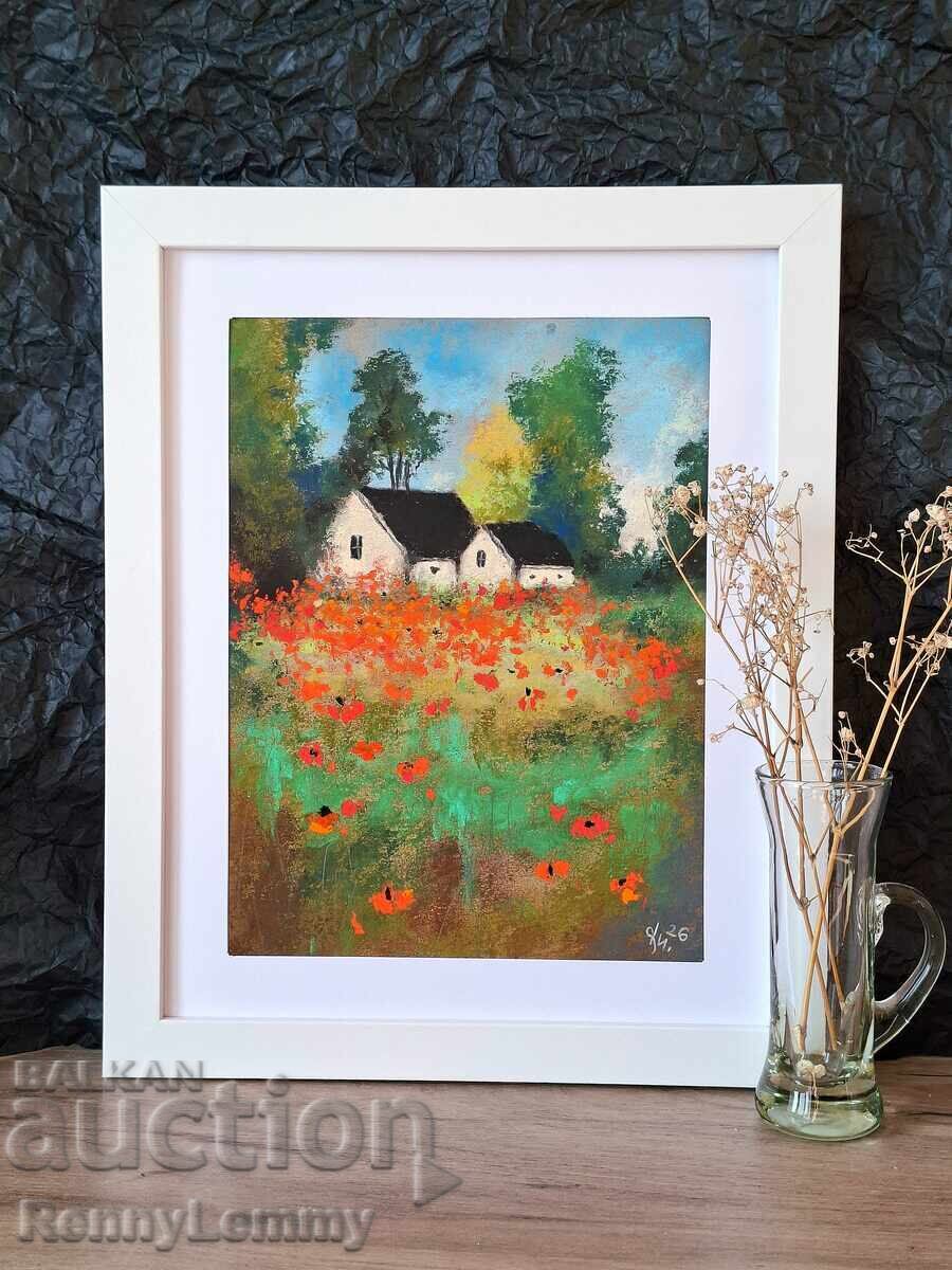 Casa cu maci, tablou în pastel, original cu preț € 35.00 | 68.45 BGN