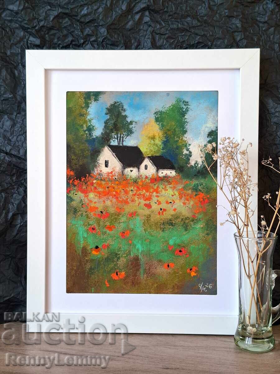 Casa cu maci, tablou în pastel, original