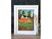 Casa cu maci, tablou în pastel, original