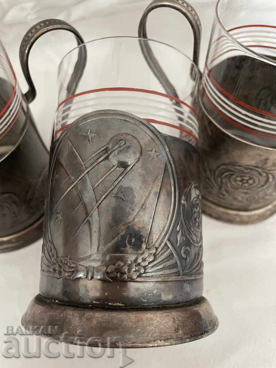 Auction  USSR tea glass holders, 3 pieces, with glasses