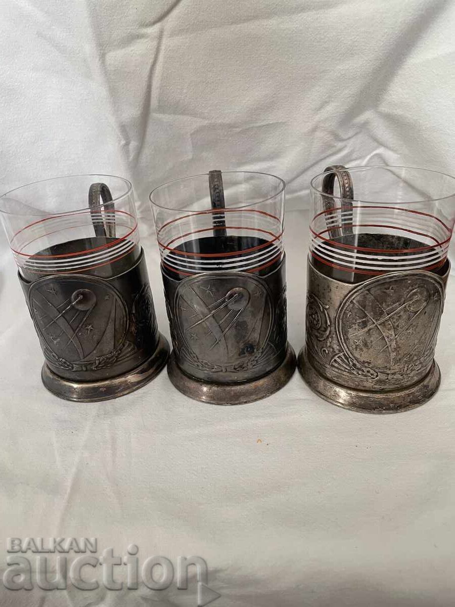 USSR tea glass holders, 3 pieces, with glasses