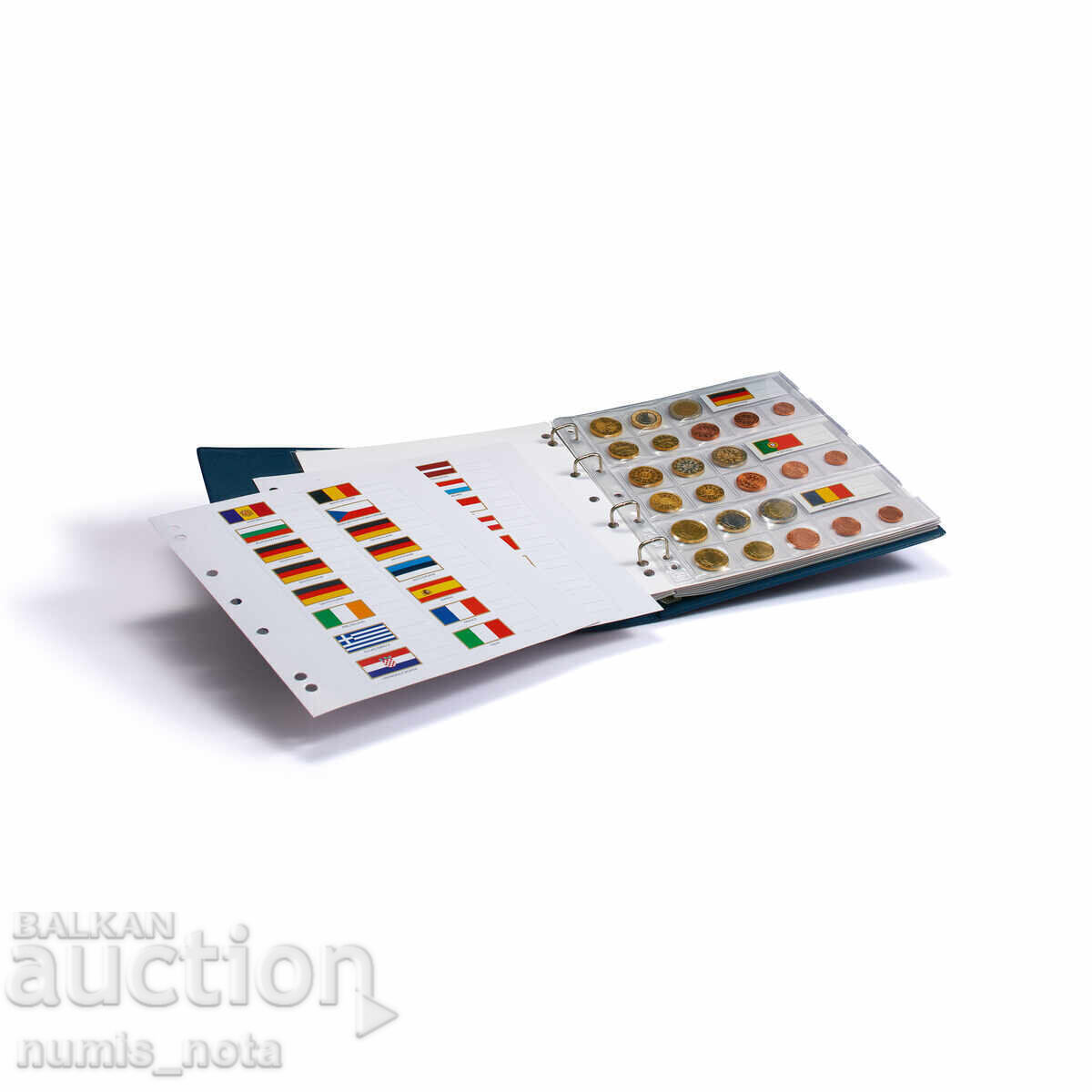 Album Numis pentru seturi de monede euro, 7 foi pentru 21 de seturi, cu casetă