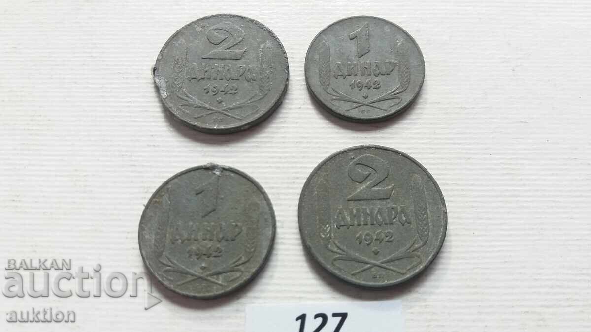 LOT DE 1 ȘI 2 DINARI 1942 - ZINC 4 BUCĂȚI cu preț € 2.99 | 5.85 BGN