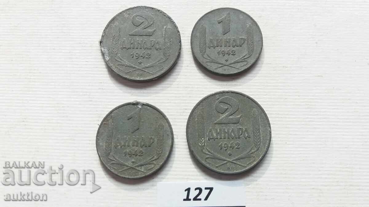 Livrarea LOT DE 1 ȘI 2 DINARI 1942 - ZINC 4 BUCĂȚI