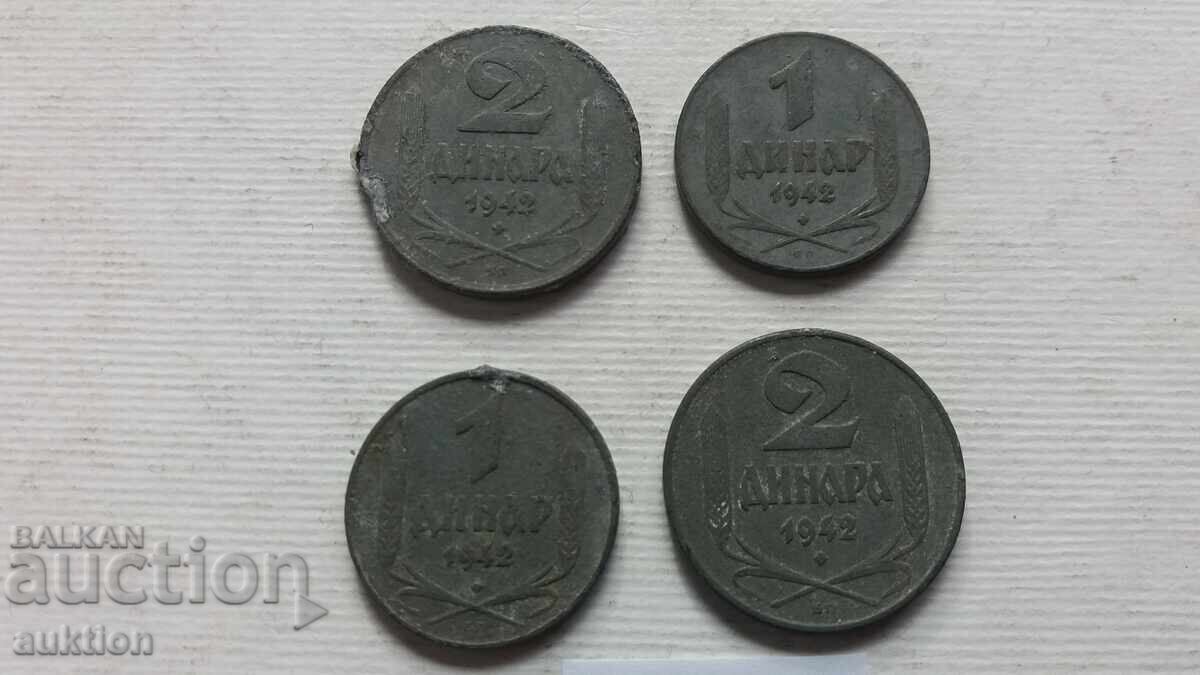 LOT DE 1 ȘI 2 DINARI 1942 - ZINC 4 BUCĂȚI