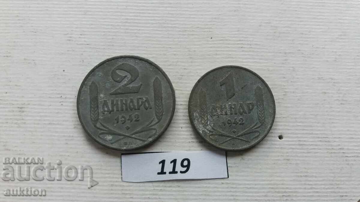 1 AND 2 DINARS 1942 - ZINC